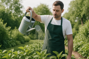 Gardener watering healthy green plants in a bright garden with a watering can, symbolizing effective plant watering.