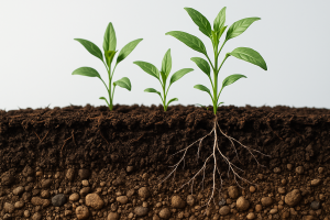 Cross-section of healthy soil showing organic matter and plant roots in a clean, professional style.
