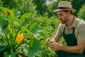 Healthy garden with ladybugs on leaves, representing effective natural pest control methods in a clean and modern editorial style.