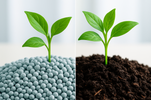 Split-screen image showing synthetic fertilizer granules and organic compost with healthy green plants growing above